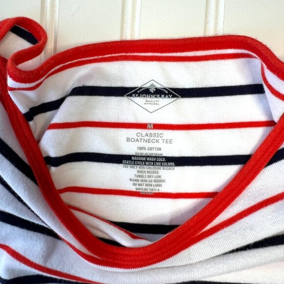 St. John's Bay Women M‎ Boatneck Tee 100% Cotton White Red Navy Striped Nautical - Picture 6 of 7